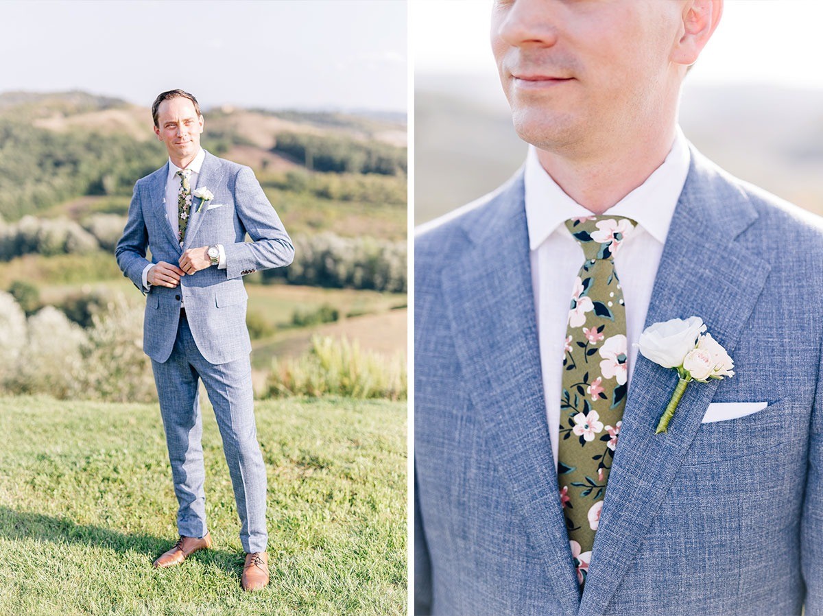Groom in light blue suit with a romantic boutonniere