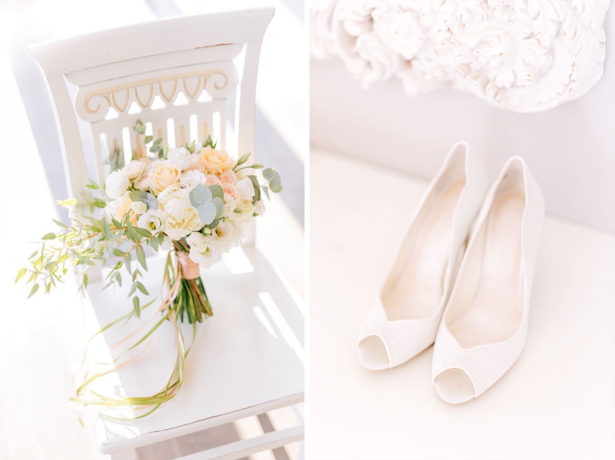 Romantic pale pink and white wedding bouquet and bride's shoes