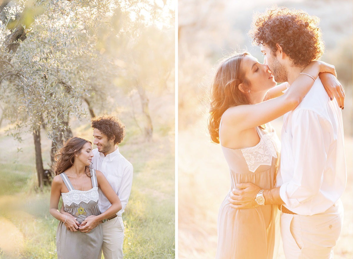 Kissing in the sunset light in Tuscany