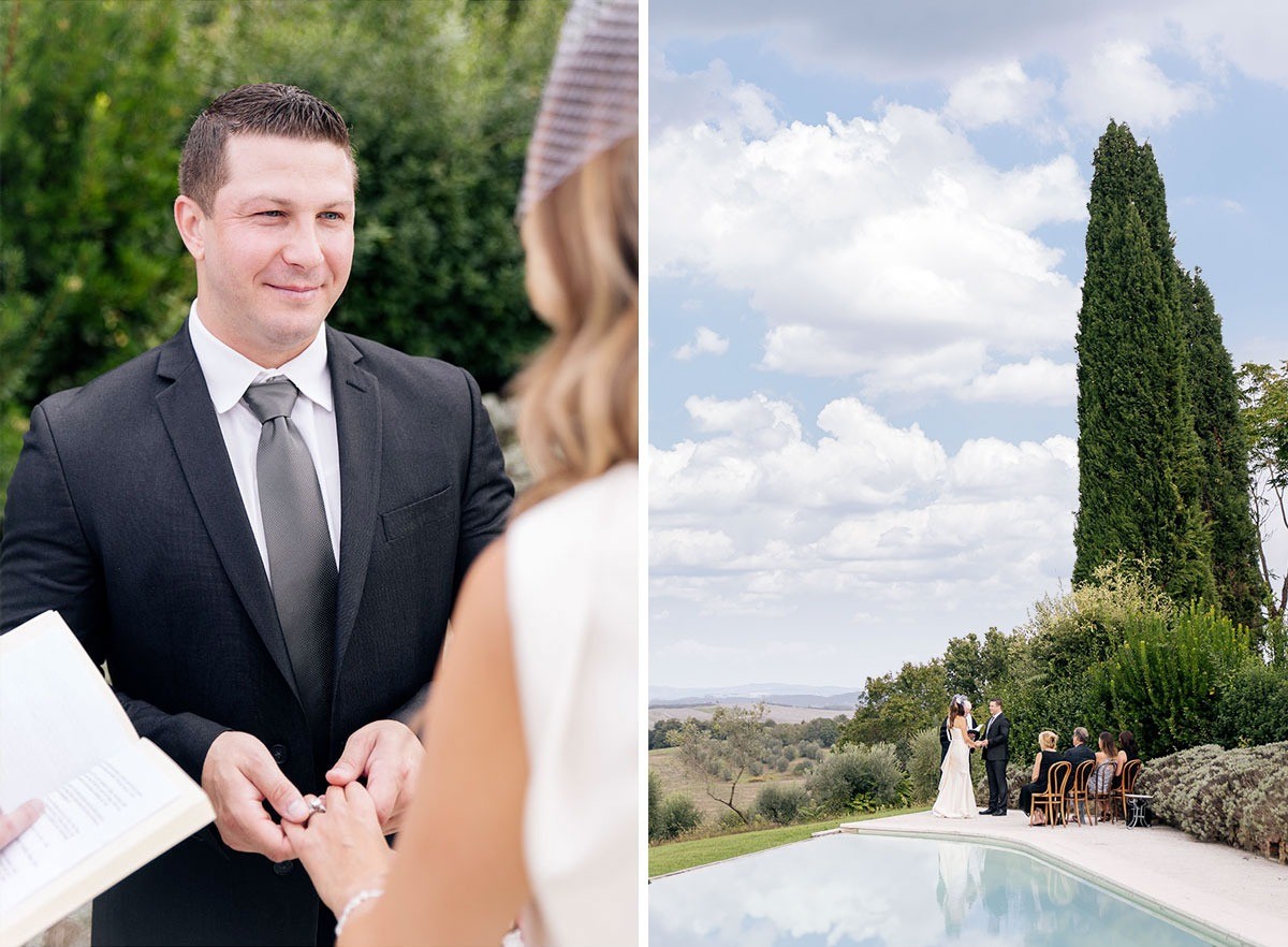 Ring exchange moment during an intimate wedding ceremony near Siena