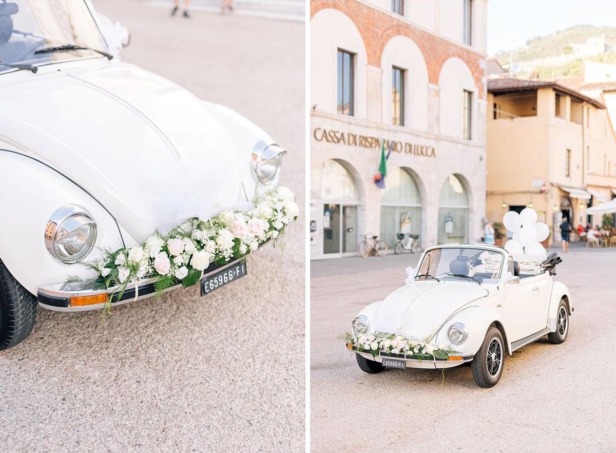 White convertible beetle for an elegant wedding in Tuscany