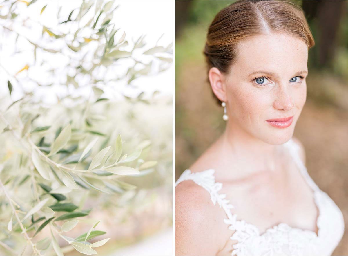 Portrait of the bride through the olive trees in Tuscany