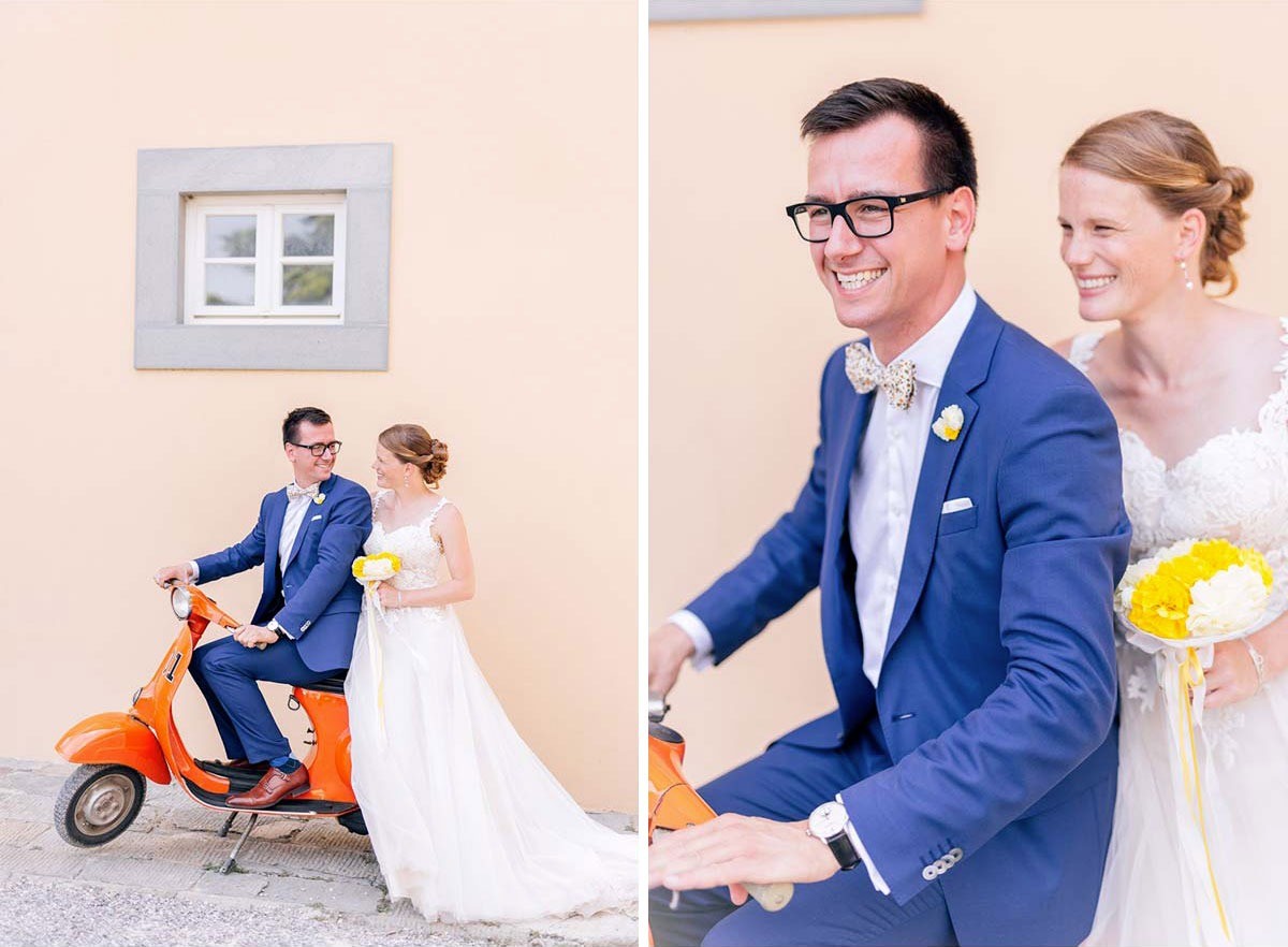Photography of the bride and groom on an authentic Vespa in Tuscany