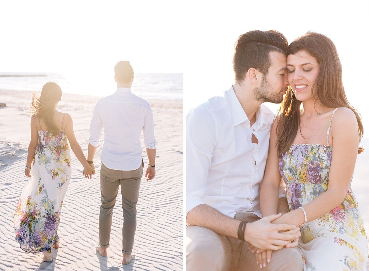 Engagement photos by the sea of Tuscany at sunset
