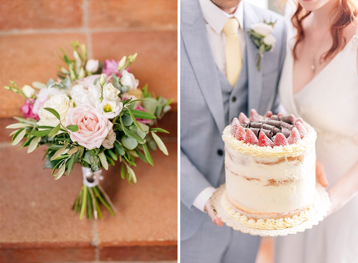 Rustic bouquet and naked cake in Tuscany