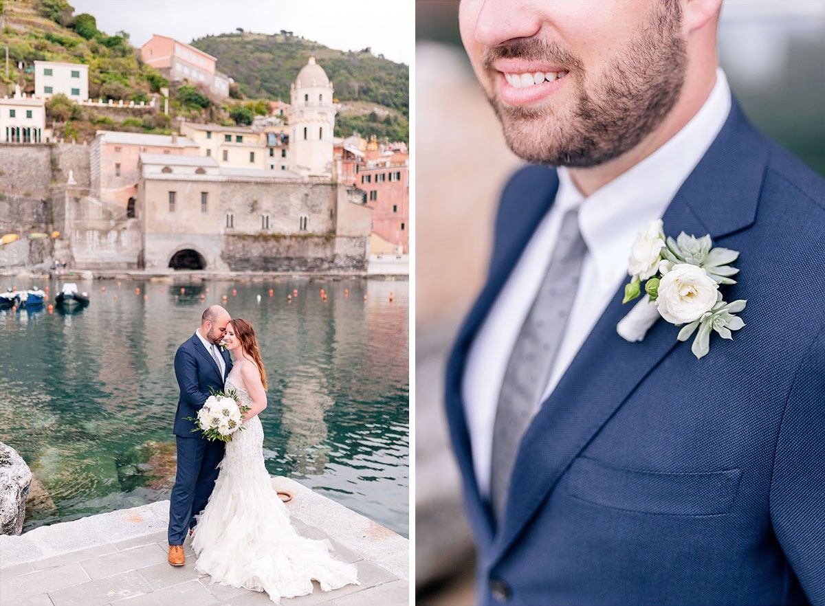 Portrait of two newlyweds with Vernazza in the background