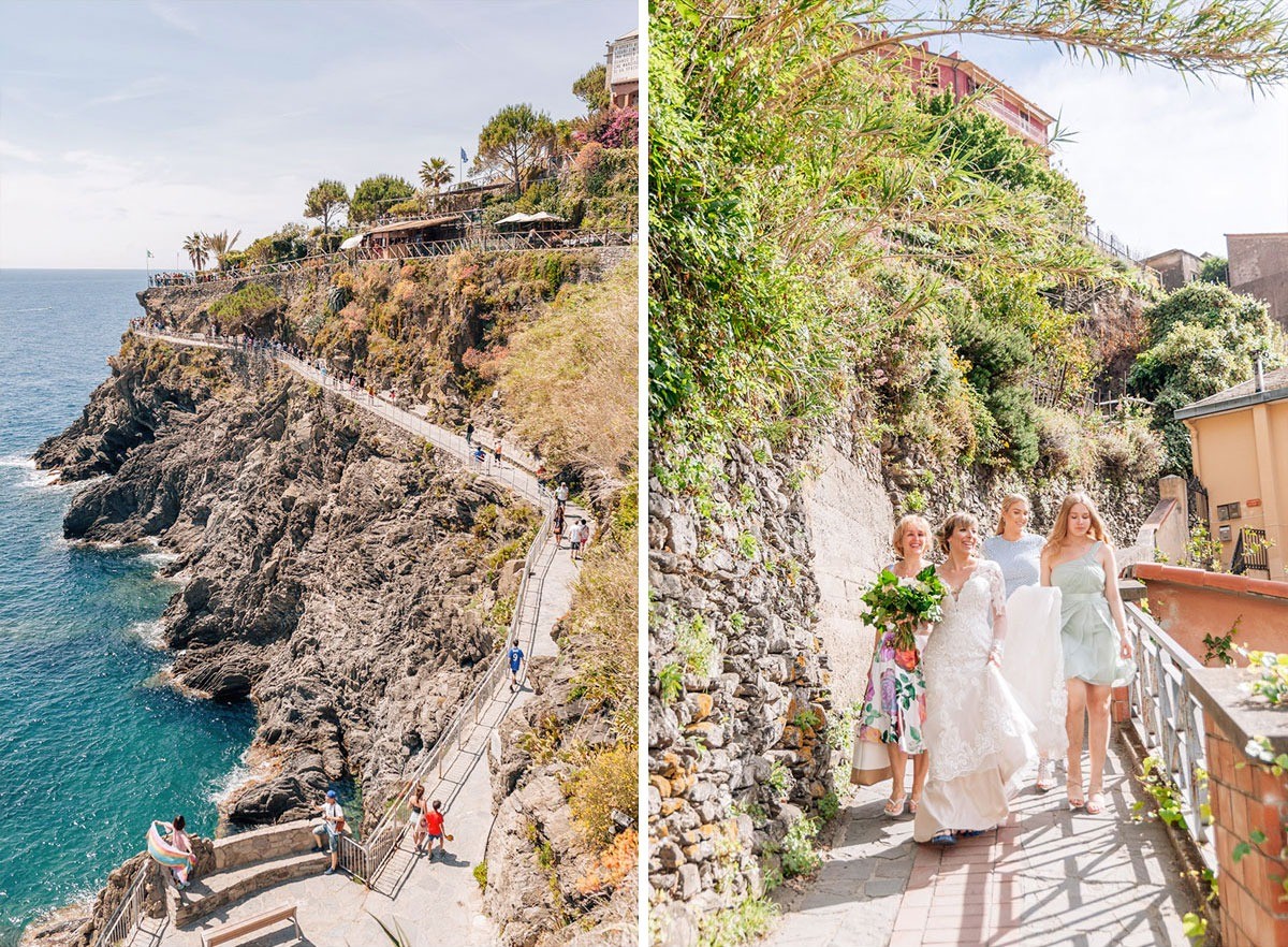 Stunning view of Manarola and the bride walking to the ceremony