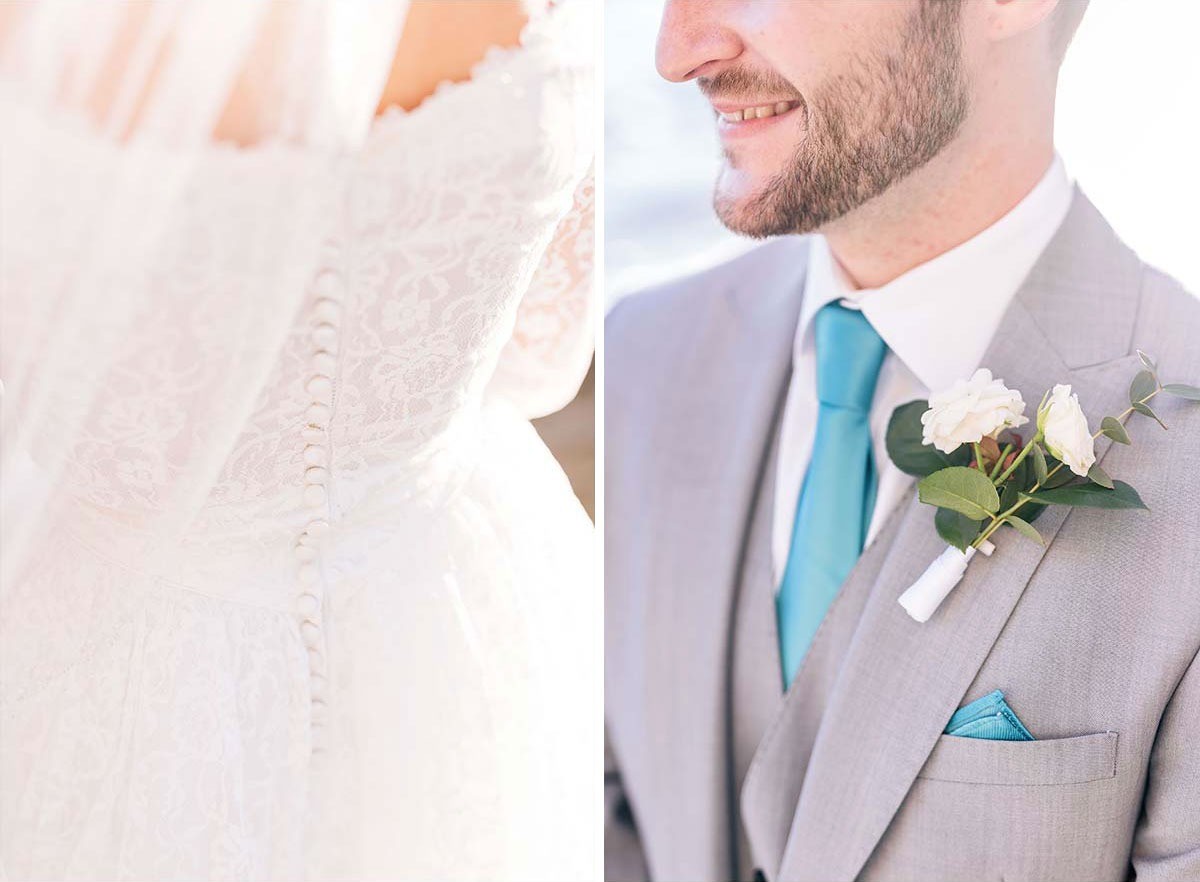 Romantic details of the boutonniere and the dress