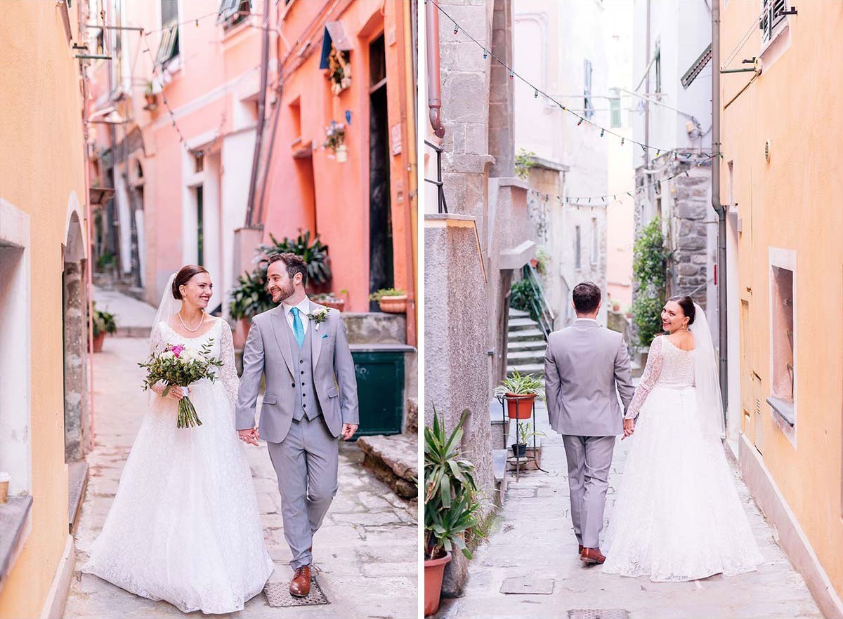Bride and groom walking in the streets of Vernazza