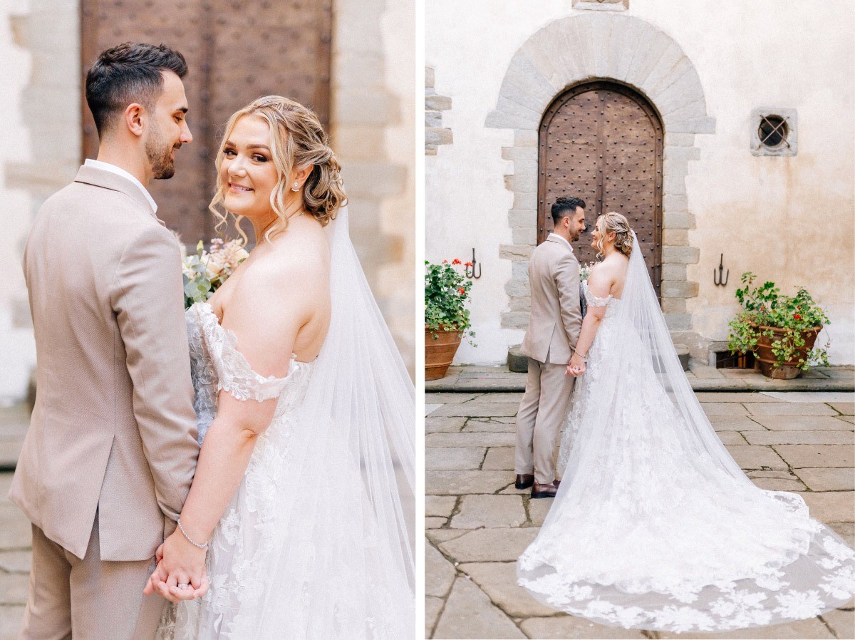 Bride and groom in Castello del Trebbio