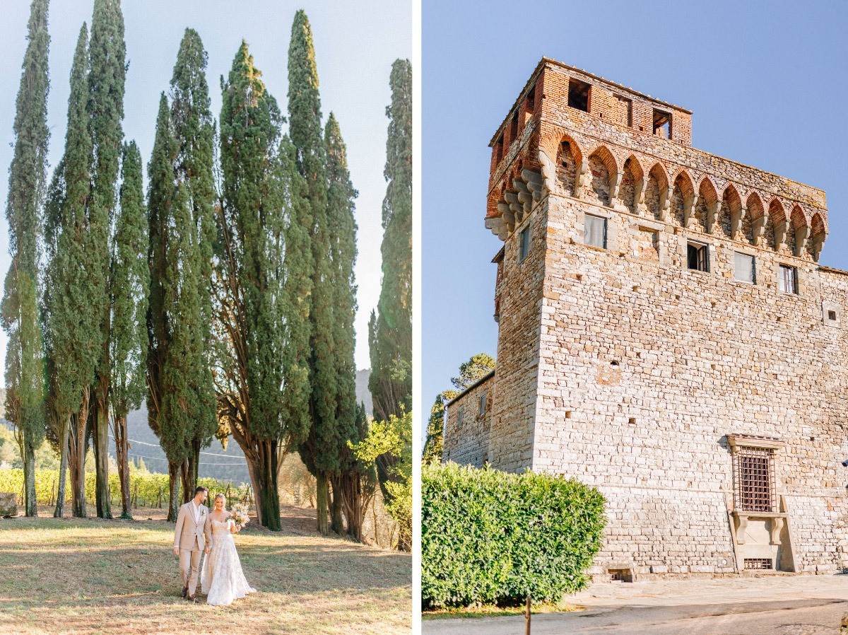 Wedding couple walking in front of Castello del Trebbio in Chianti