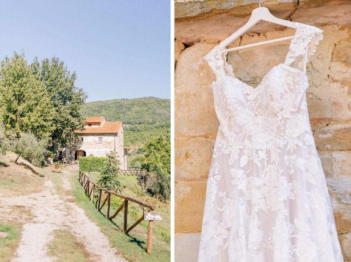 Bride's romantic dress in Castello del Trebbio